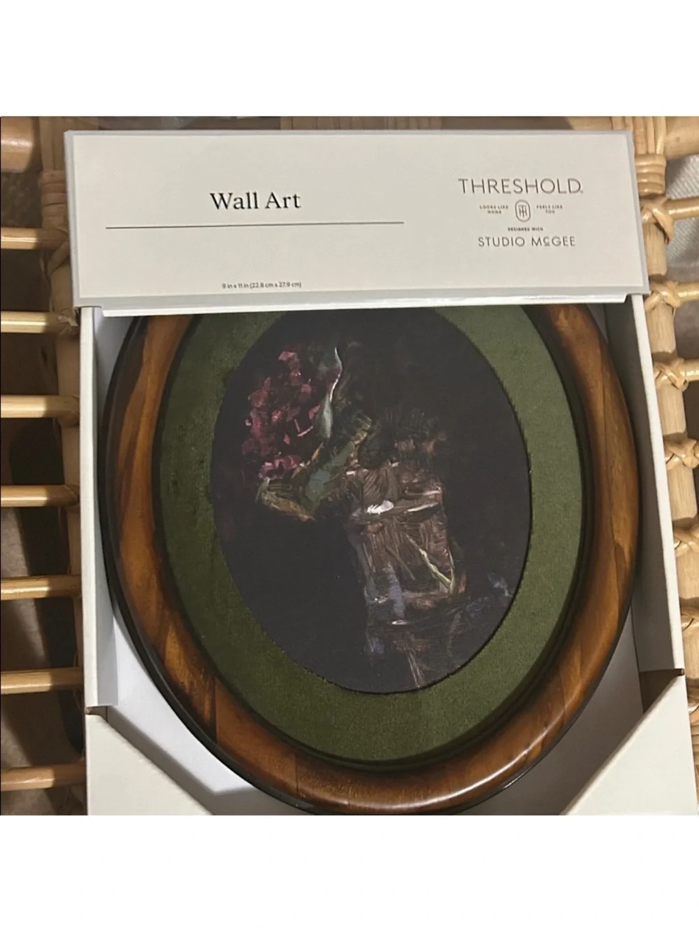 9” x 11” Oval Framed Wall Art with green velvet matted floral framed canvas